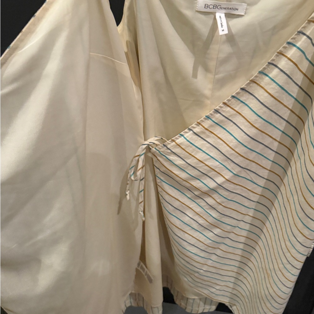 BCBGeneration Beige Striped Midi Wrap Dress Medium - Picture 3 of 16